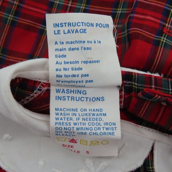 VTG Happy Kids Girls 5 Red Plaid Tartan Check White Collar Smocked Dress Holiday - Picture 10 of 13